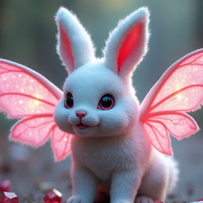 A sparkling DiamondFairyBunny with diamond-like fur and fairy wings, spreading magic and joy.